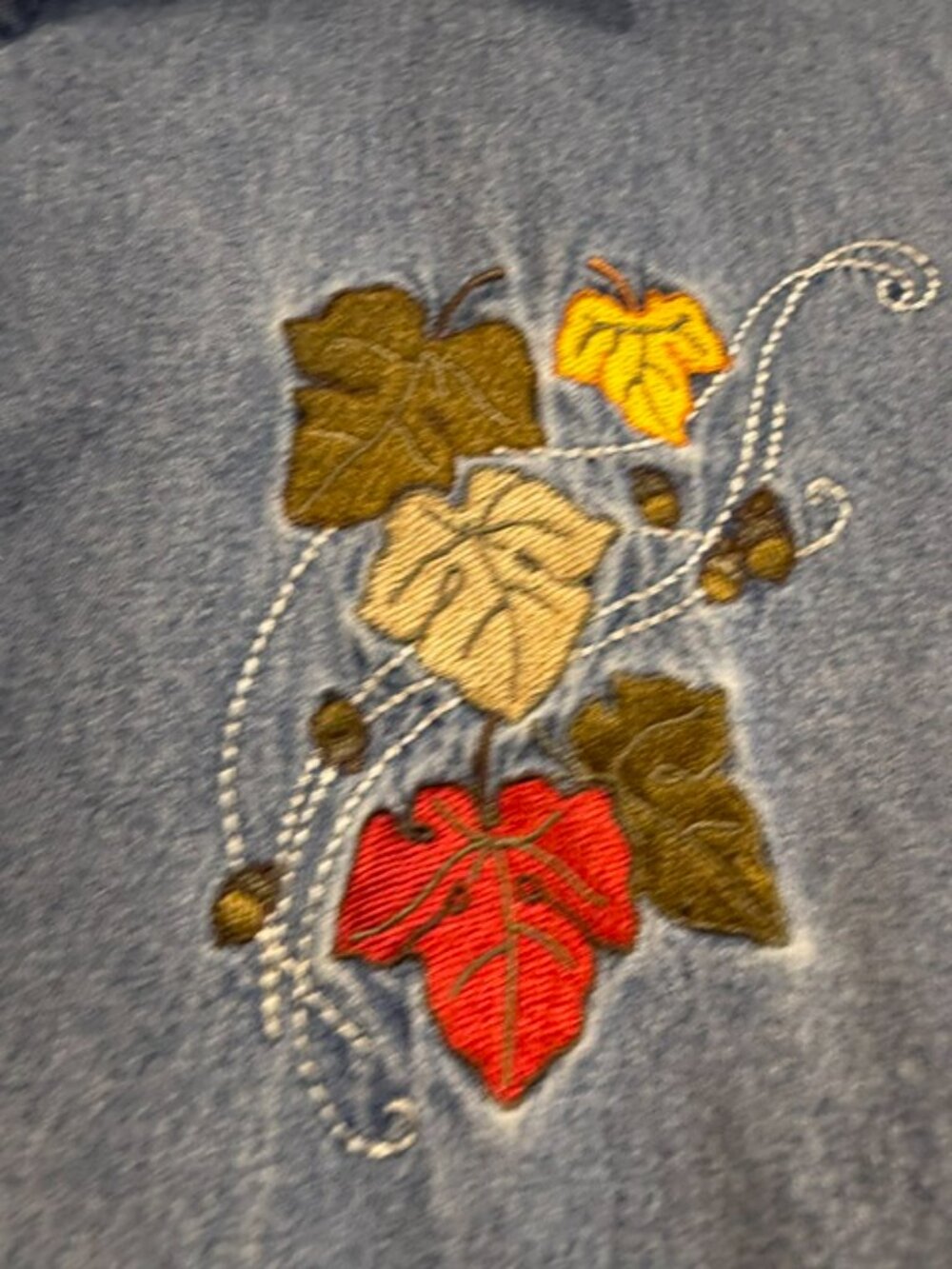 Vintage 90s Fall Leaves Embroidered Cotton Button Down Shirt Blue 2X - Picture 10 of 16